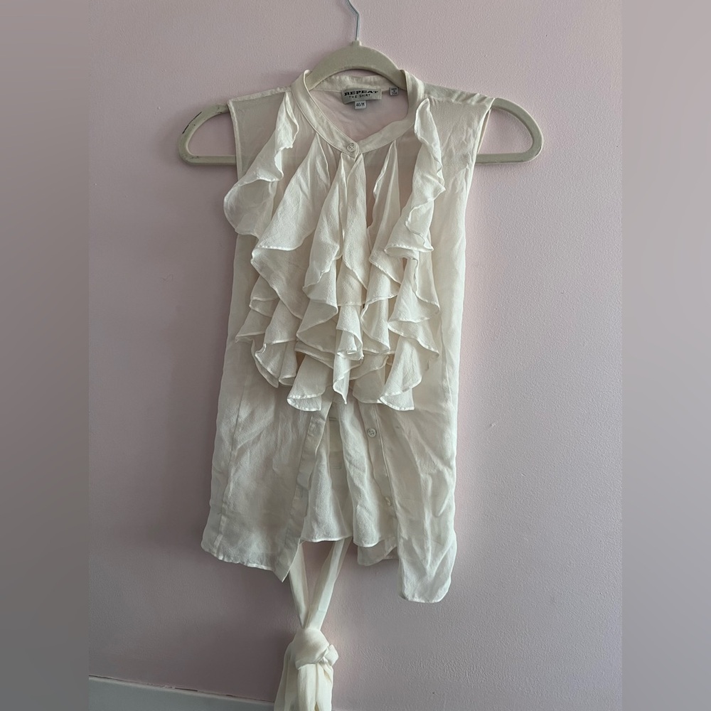 REPEAT Elegant Cream Ruffle Sleeveless Silk Blouse